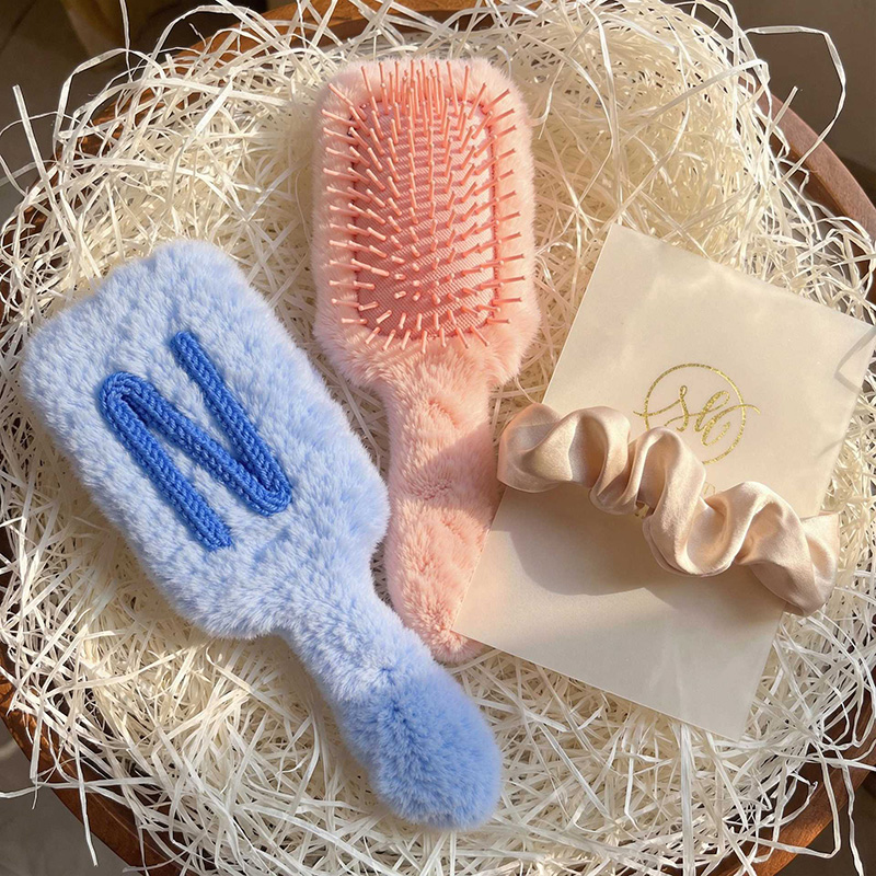 Hair Care Gift - Custom Plush Hairbrush Knitted Initial Monogram,